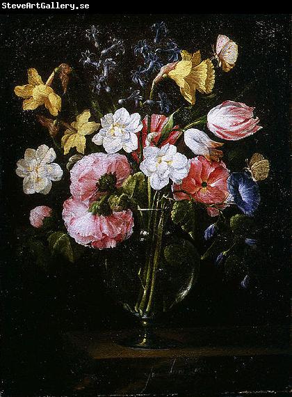 Juan de Arellano Clematis, a Tulip and other flowers in a Glass Vase on a wooden Ledge with a Butterfly